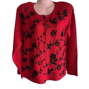Vintage Heirloom Collectibles Sweater Womens Medium Red Black Floral Beaded 90s